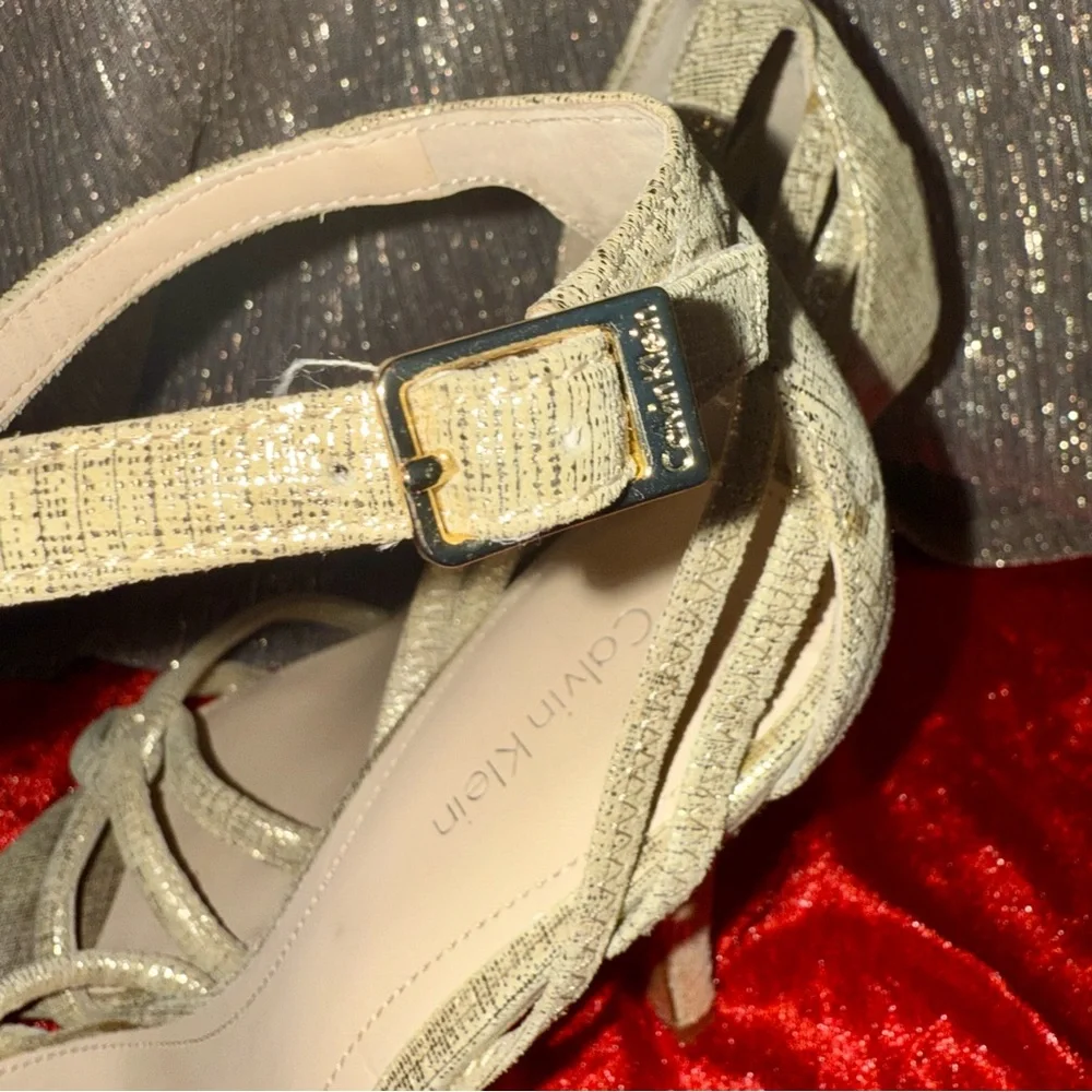Calvin‎ Klein Metallic Glam Gold Strap High Heels Formal Christmas New Years Eve